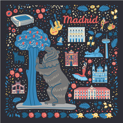 Hand drawn colorful vector illustration with coat of arms of Madrid city and landmarks and symbols of Spain. Isolated clipart with buildings, monuments and signs of Spanish culture.