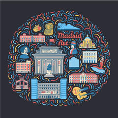 Hand drawn illustration with famous Madrid cultural places such as museums, galleries, monuments, painters, spanish symbols and text. Concept illustration for Spanish art festivals and events.