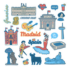 Set of stickers and patches with symbols and landmarks of Spain such as flamenco dancer, matador, castanets, Prado museum, Royal palace and text phrases in spanish language. Isolated vector clipart © Соседова Анастасия