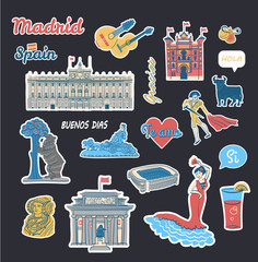 Vector stickers collection with symbols and buildings of Spain and text phrases in spanish language. Isolated vector clipart set with famous attractions such as Prado museum and Royal palace © Соседова Анастасия