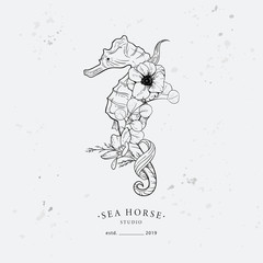 Seahorse entwined with flowers and algae. Marine logo concept on grunge background. Hand drawn vector illustration.