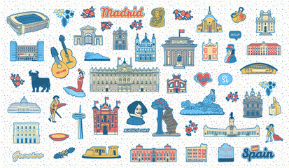 Madrid (Spain) inspired colorful hand drawn landmarks and symbols set. Travel spanish attractions flat cliparts. Collection of isolated vector illustrations of spanish buildings, monuments and signs 