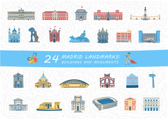 Set of Madrid city most famous buildings and monuments. Colorful spanish landmarks flat cliparts. Collection of isolated vector illustrations.