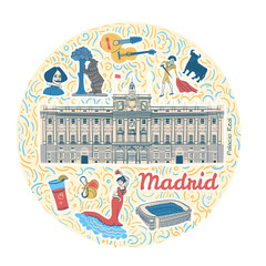 Hand drawn illustration with Royal Palace of Madrid, capital city famous  landmarks and symbols. Isolated clipart  with Spanish attractions. Design elements in circle composition. 