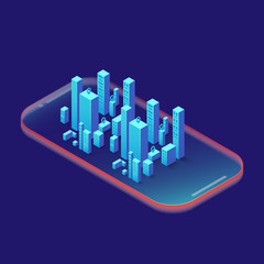 Smartphone with graphs in isometric design style on colored background. Graphic concept for your design.