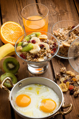 breakfast with eggs muesli orange juice and fruit