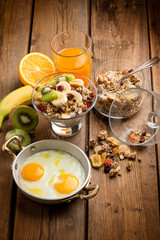 breakfast with eggs muesli orange juice and fruit