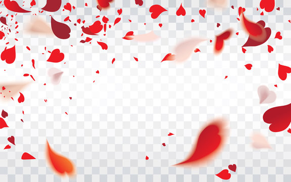 Falling romantic red hearty petals of flowers or abstract bokeh transparent red heart shaped confetti isolated on checkered background