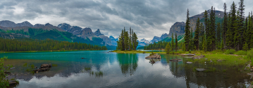 Panorama Canada forest landscape of Spirit Island with big mountain in the background, Alberta, Canada.