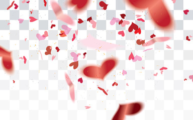 Realistic falling bokeh transparent red heart shaped confetti isolated on checkered background,Valentine's day concept