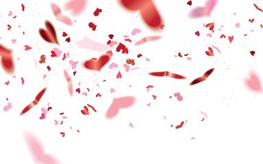 Fototapeta na wymiar Realistic falling bokeh transparent red heart shaped confetti isolated on white background, Valentine's day concept