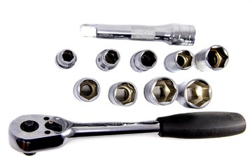 Set of socket metal wrench with black handle over white isolated background, different foreshortenings