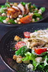Salad with fried chicken and turkey  fillet , composition with two plates