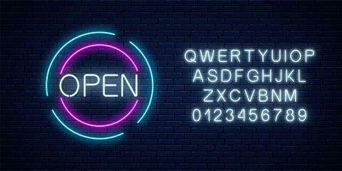 Neon open 24 hours and 7 days in circle frames sign with alphabet. Round the clock working bar or night club signboard.