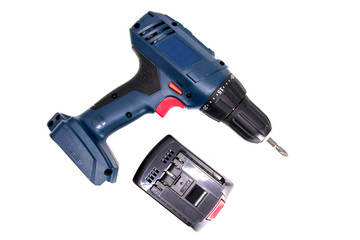 Modern and powerful battery drill on a white background