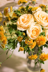 Bouquet of yellow roses and chrysanthemums