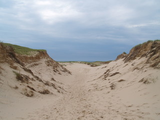 Fototapeta na wymiar paysage de dunes avec un ciel triste et gris, Les Îles de la madelaine, Québec, Canada