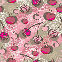 Fototapeta na wymiar Cherry and Lace-Fruit Delight seamless Repeat Pattern illustration .Background in pink,maroon, brown and cream. Modern Pattern Background. Surface pattern Design, Perfect for Fabric, Scrapbook