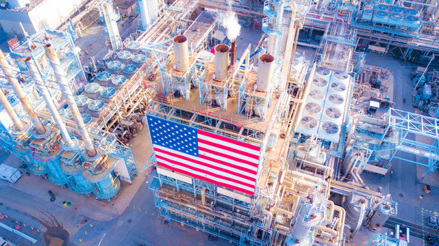 Oil Refinery with American Flag in California