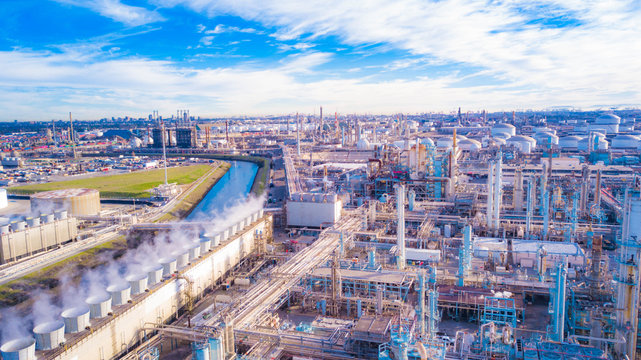 Oil Refinery with American Flag in California