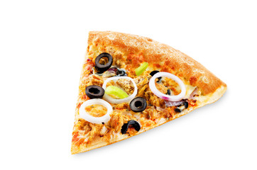 Pizza with tuna, olives, green pepper and red onion isolated