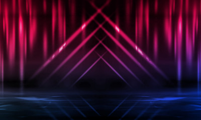 Background of a dark wall with neon rays. Red and blue neon.