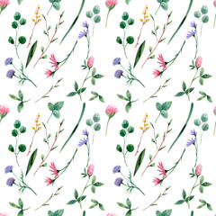 Botanical seamless pattern with wildflowers and herbs.