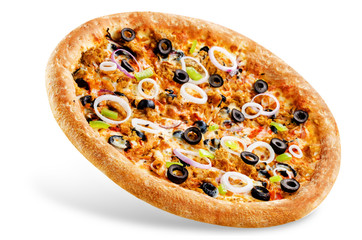 Pizza with tuna, olives, green pepper and red onion isolated