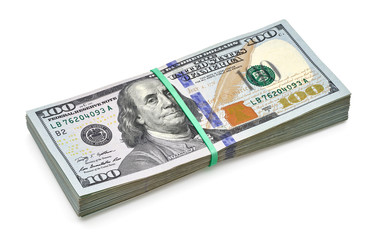 New US Dollar bills bundles stack on white background including clipping path.	
