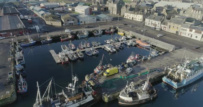 Aerial footage of Fraserburgh harbour in Aberdeenshire