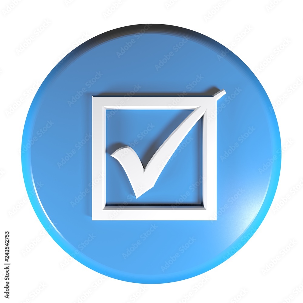 Poster checked box blue circle push button - 3d rendering illustration
