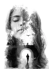 Washable wall murals Female Paintography. Double exposure portrait combined with hand drawn painting tells a story of two people using symbols and unique technique