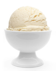 Vanilla ice cream scoop in bowl isolated on white background