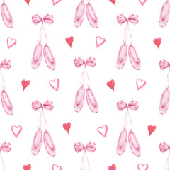 Watercolor hand painted seamless pattern of ballet slippers. © Lora