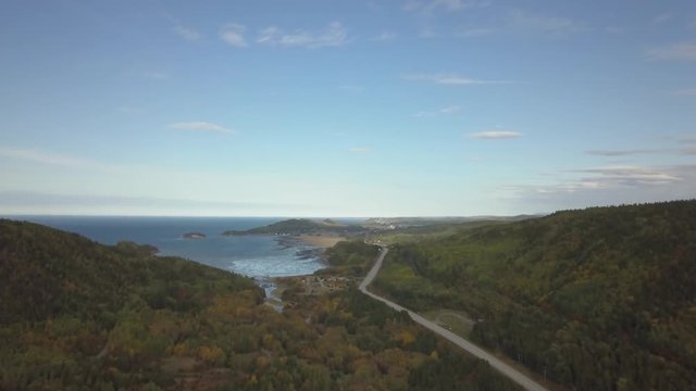 Aerial panoramic landscape view of Bic National Park during a vibrant sunny day. Taken in Le Bic, Rimousky, Quebec, Canada.