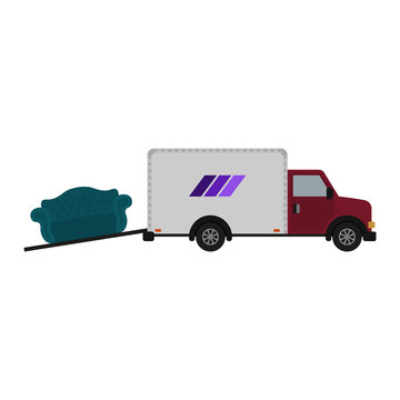 recommend clip art: Moving Truck and Sofa Illustration - Red moving truck with purple logo and teal tufted sofa