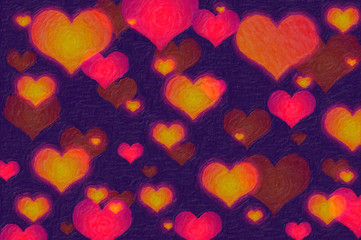 Multicolored different hearts, painted picture effect, dark background