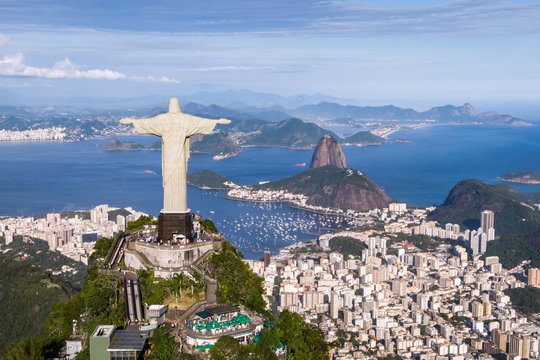 Aerial view of Christ the Redeemer, Sugarloaf and Rio de Janeiro cityscape, Brazil.