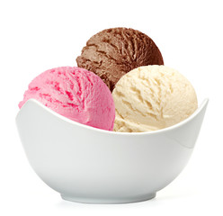 Vanilla, strawberry and chocolate ice cream scoops in bowl isolated on white background