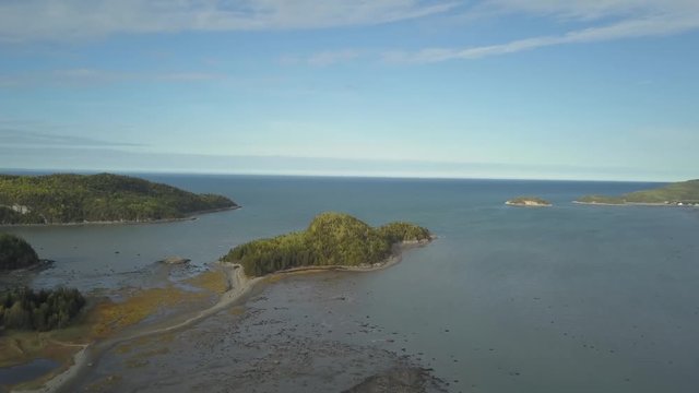 Aerial panoramic landscape view of Bic National Park during a vibrant sunny day. Taken in Le Bic, Rimousky, Quebec, Canada.