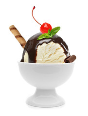 Vanilla ice cream scoop with wafer stick, sauce, syrup or sherbet with broken chocolate tablets isolated on white bacground