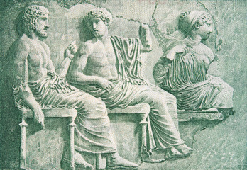 Poseidon, Apollo and Artemis in the meeting of gods on old Greece 50 drachma (1939), vintage retro...
