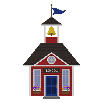 Red Schoolhouse Illustration - Red schoolhouse with blue door, bell, and flag isolated on white background