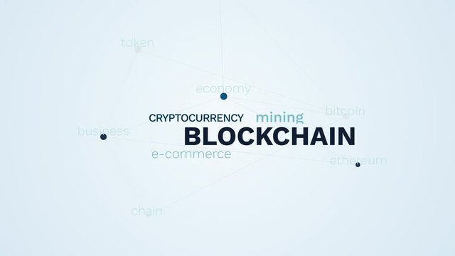 blockchain cryptocurrency e-commerce mining bitcoin block economy ethereum business chain token animated word cloud background in uhd 4k 3840 2160.