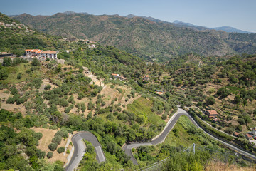 The switchback of zig zag roads in Savoca in Sicily