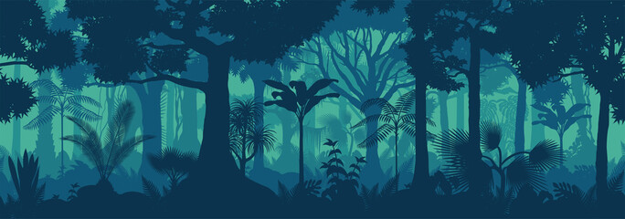 Vector horizontal seamless tropical rainforest Jungle background - obrazy, fototapety, plakaty