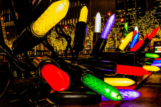 Christmas tree lights decoration on Sixth Avenue in Manhattan. Christmas famous decorations in the Midtown, Manhattan in the New York City downtown area.