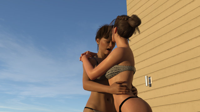 3d illustration of two women embracing with one kissing the other on the forehead as the sun goes down in the late afternoon.