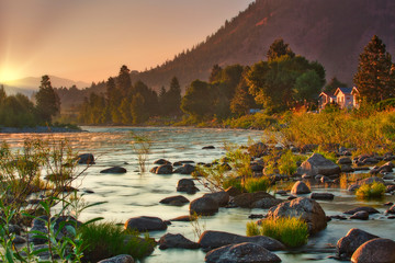 Sunrise over the Wenatchee River during summer fires in North Central Washington
