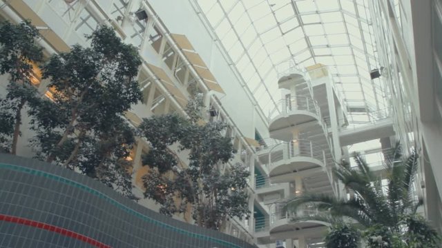 View from inside a building on the ground floor looking up at the glass ceiling letting in bright sunlight. White walls and tall trees decorate the facility. Tall stairs in center of frame.